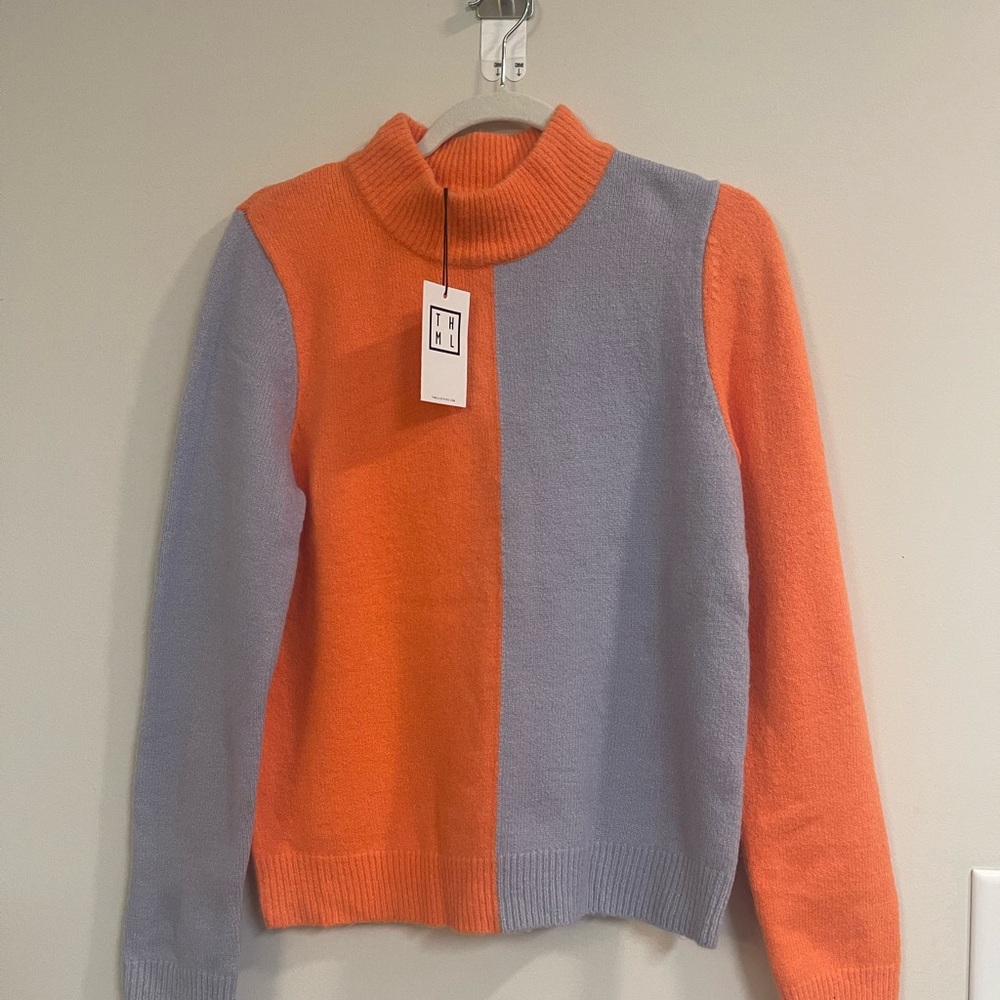 NWTS THML Orange and Lavender Colorblock Grey Mockneck Sweater